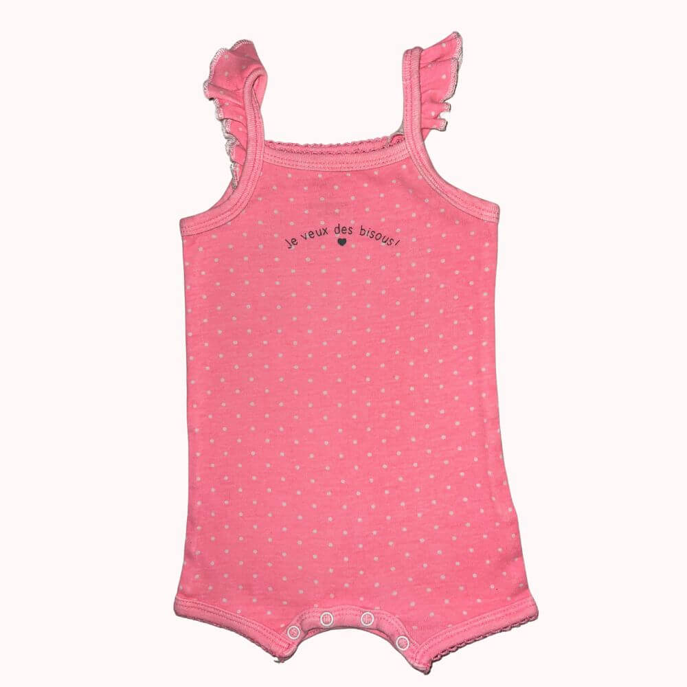 Body bébé rose Kiabi à pois avec inscription « je veux des bisous », sans manches, taille 6 mois.