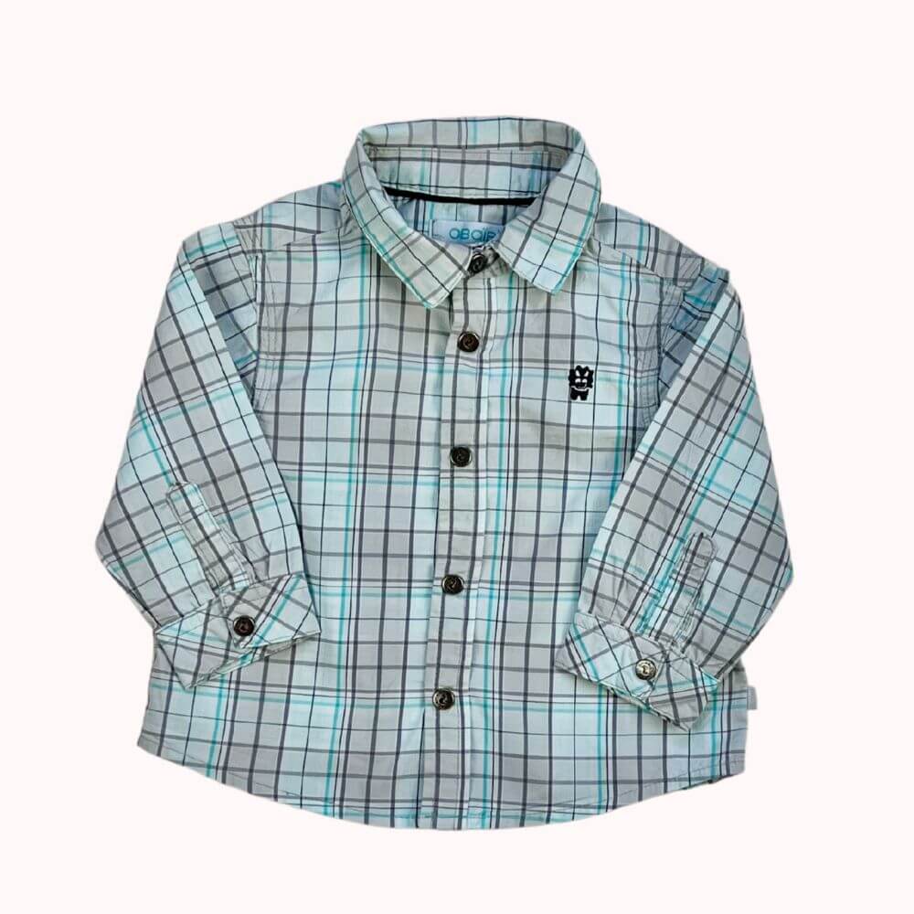 Chemise à carreaux Obaïbi gris et bleu pour bébé 6 mois, manches longues, col classique et fermeture boutonnée.