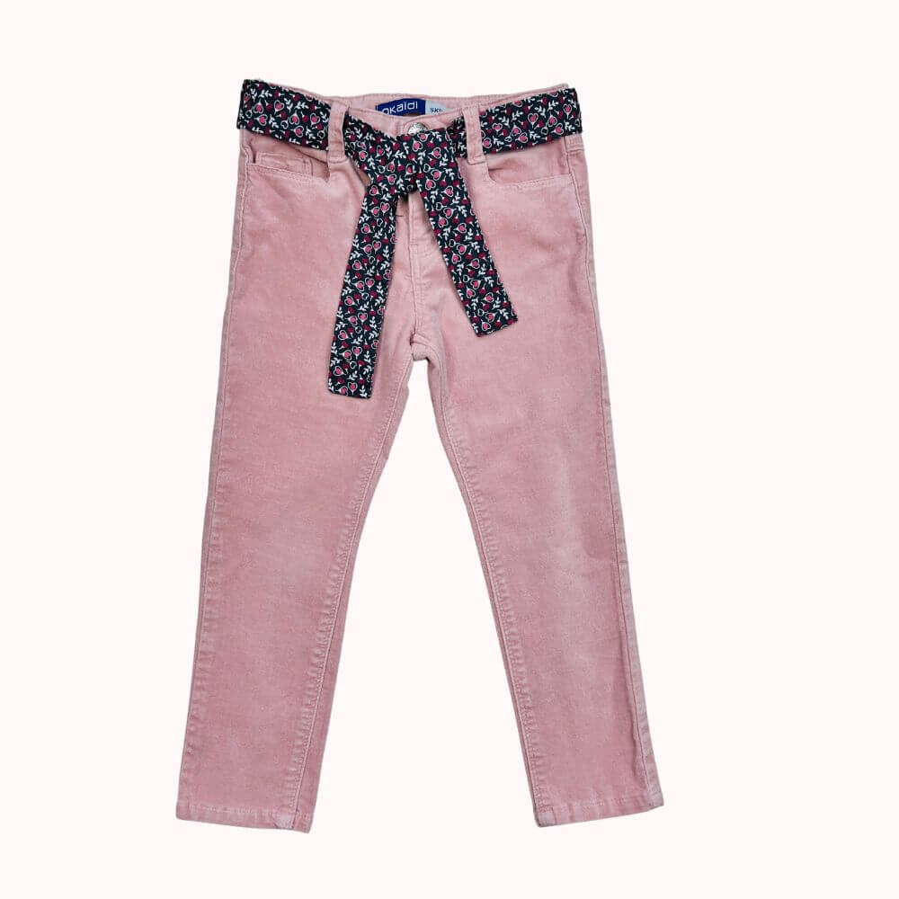 Pantalon en velours rose pour enfant 4 ans, avec ceinture fleurie, marque Okaïdi.