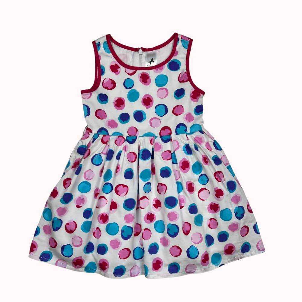 Robe blanche à pois bleu, rose et fuchsia, pour enfant 3 ans, sans manches, avec fermeture zippée au dos, marque Palomino.