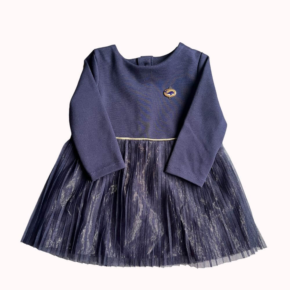 Robe bleu marine à manches longues pour bébé 9 mois, jupe en tulle pailleté doré et bouton au dos.