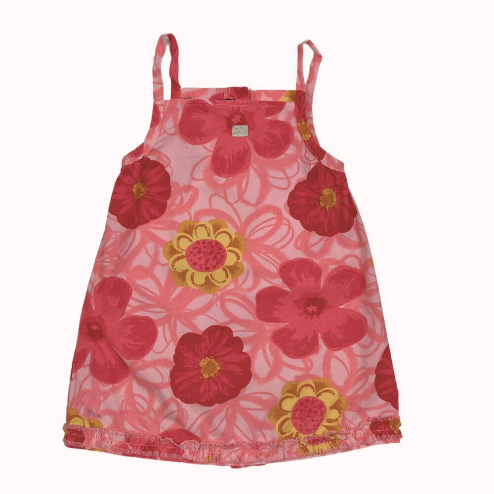 Robe Arthur & Confiture, imprimé fleuri rose et jaune, bretelles fines, ourlet froncé, coupe fluide, tissu léger et confortable.