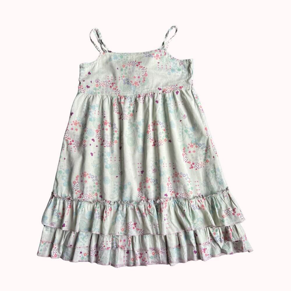 Robe verte pastel à imprimé floral, fines bretelles, volants en bas, tissu léger, taille 8 ans.