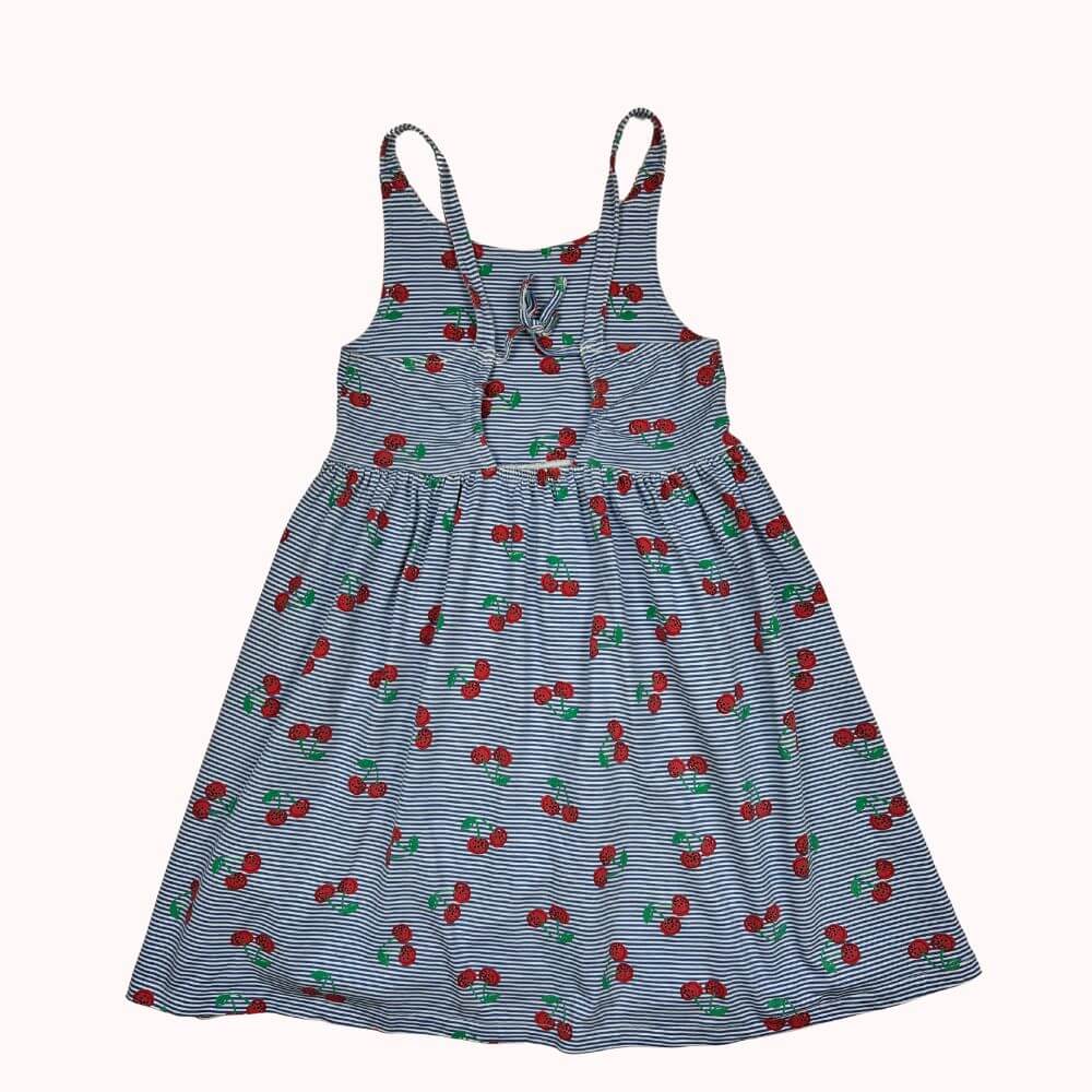 Robe d’été de dos rayée bleu et blanc à motifs cerises, pour enfant 6 ans, avec bretelles et détail noué dans le dos, marque DPAM.