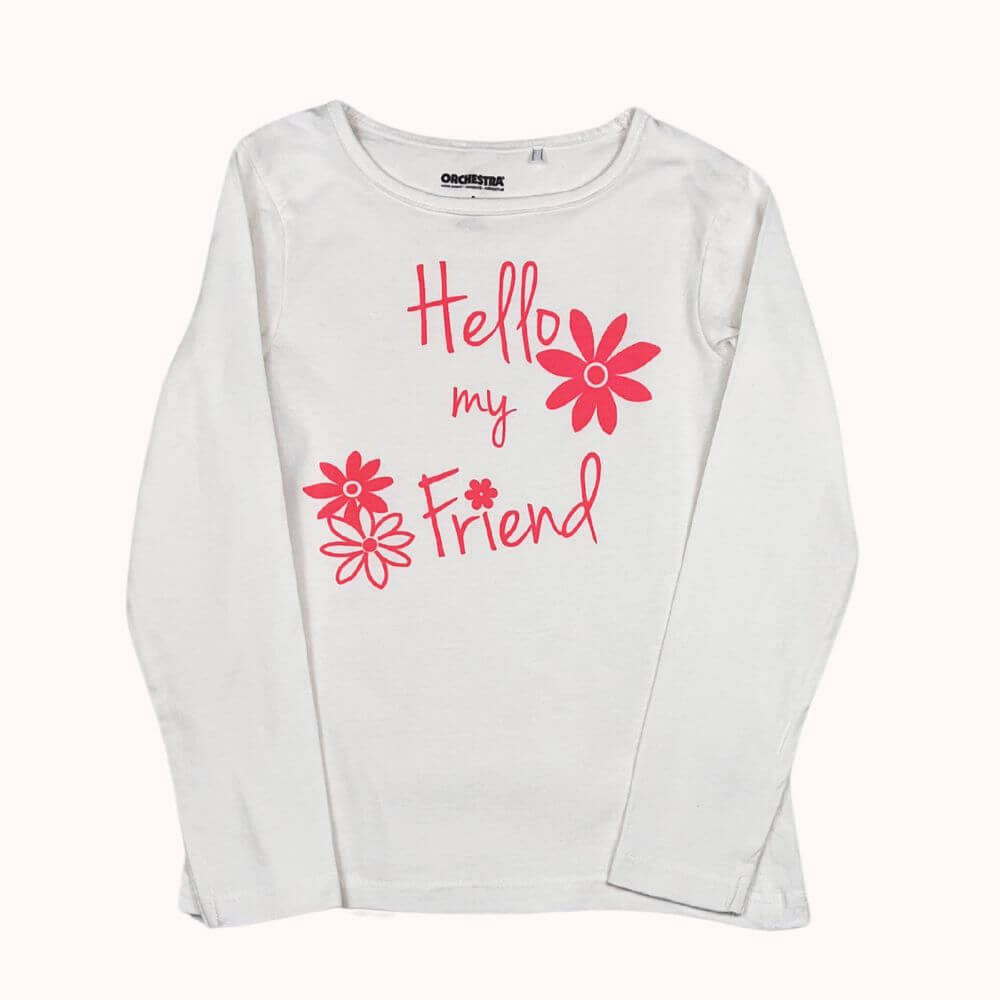 T-shirt blanc à manches longues avec inscription "Hello my Friend" et fleurs roses, marque Orchestra, taille 4 ans.