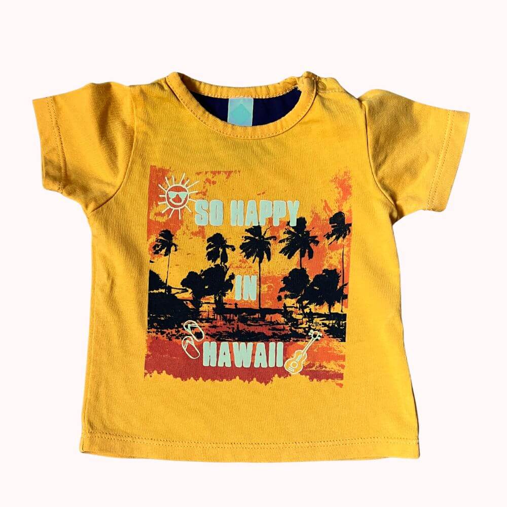 T-shirt bébé orange manches courtes avec imprimé « So Happy in Hawaii », taille 3 mois, vêtement bébé de seconde main.