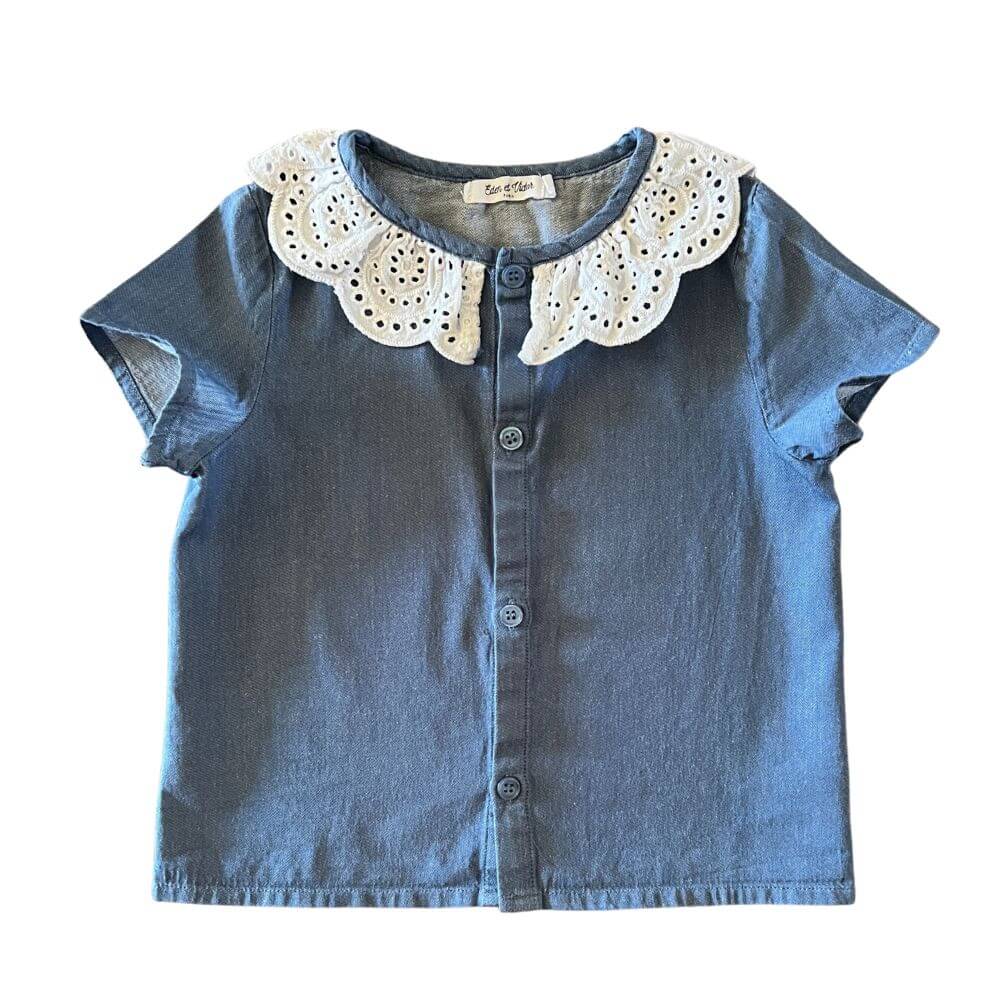 Tunique bleu denim pour enfant avec col Claudine en dentelle blanche, à manches courtes, marque Eden & Victor, taille 4 ans.