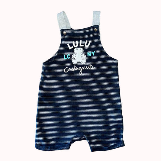 Barboteuse bleu marine à rayures blanches pour bébé, avec motif ourson "Lulu Castagnette", bretelles avec boutons pression