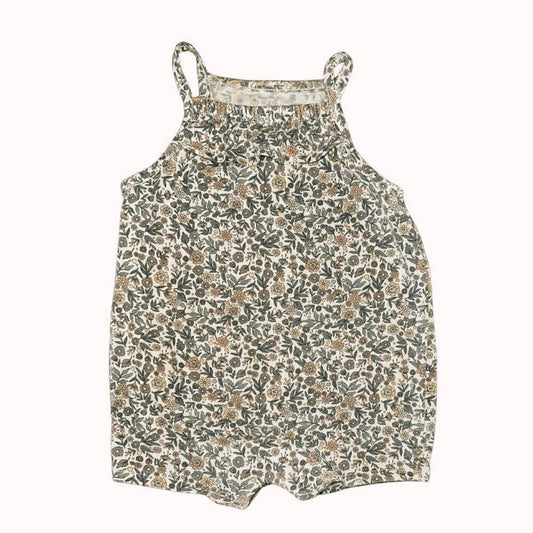 Barboteuse bébé à bretelles, imprimé floral dans les tons kaki et ocre, tissu léger, de la marque KIABI, taille 3 mois.