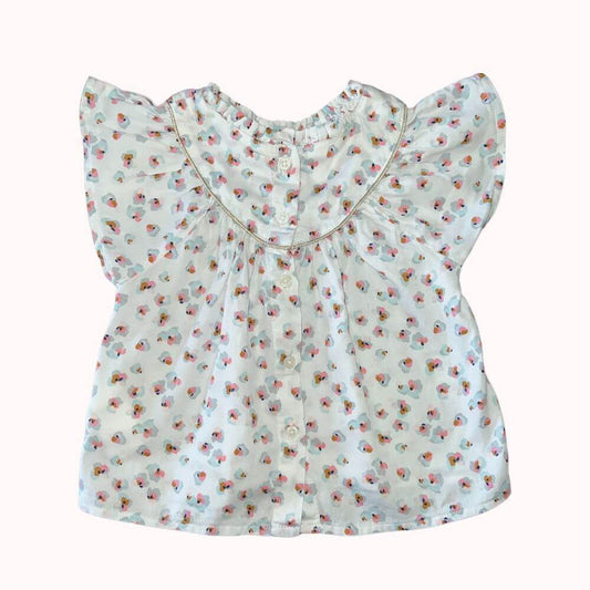  Blouse bébé fille Tape à l’œil 6 mois, imprimé fleuri pastel, manches volantées, col froncé, boutons au dos, détail doré au plastron.