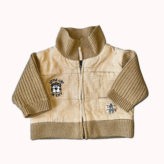 blouson beige et marron en maille et velours côtelé avec broderies, marque Tout Compte Fait, taille 3 mois.