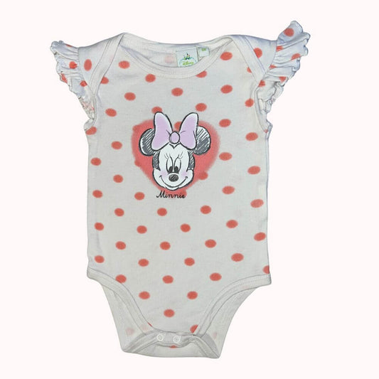 Body bébé Minnie blanc à pois roses avec motif Minnie, manches courtes à volants, taille 6 mois.