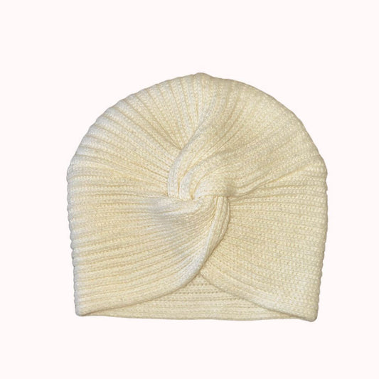 Bonnet bébé écru en maille torsadée avec effet turban sur le devant, taille 18-24 mois, marque H&amp;M.