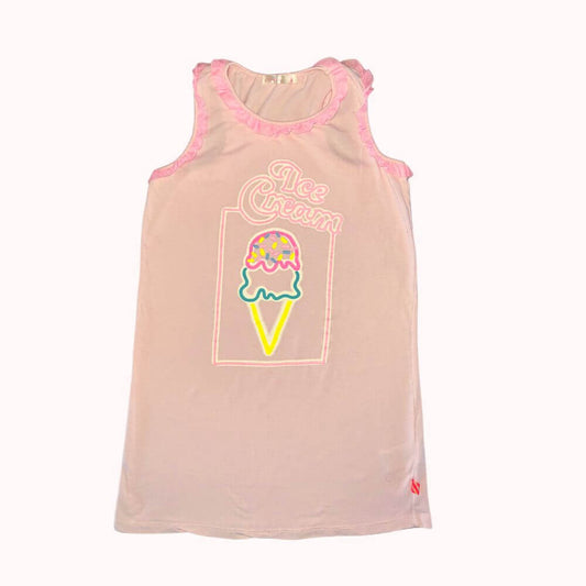 Chemise de nuit rose fille 10 ans avec motif glace colorée et inscription "Ice Cream", détails en volants roses sur les manches et l’encolure