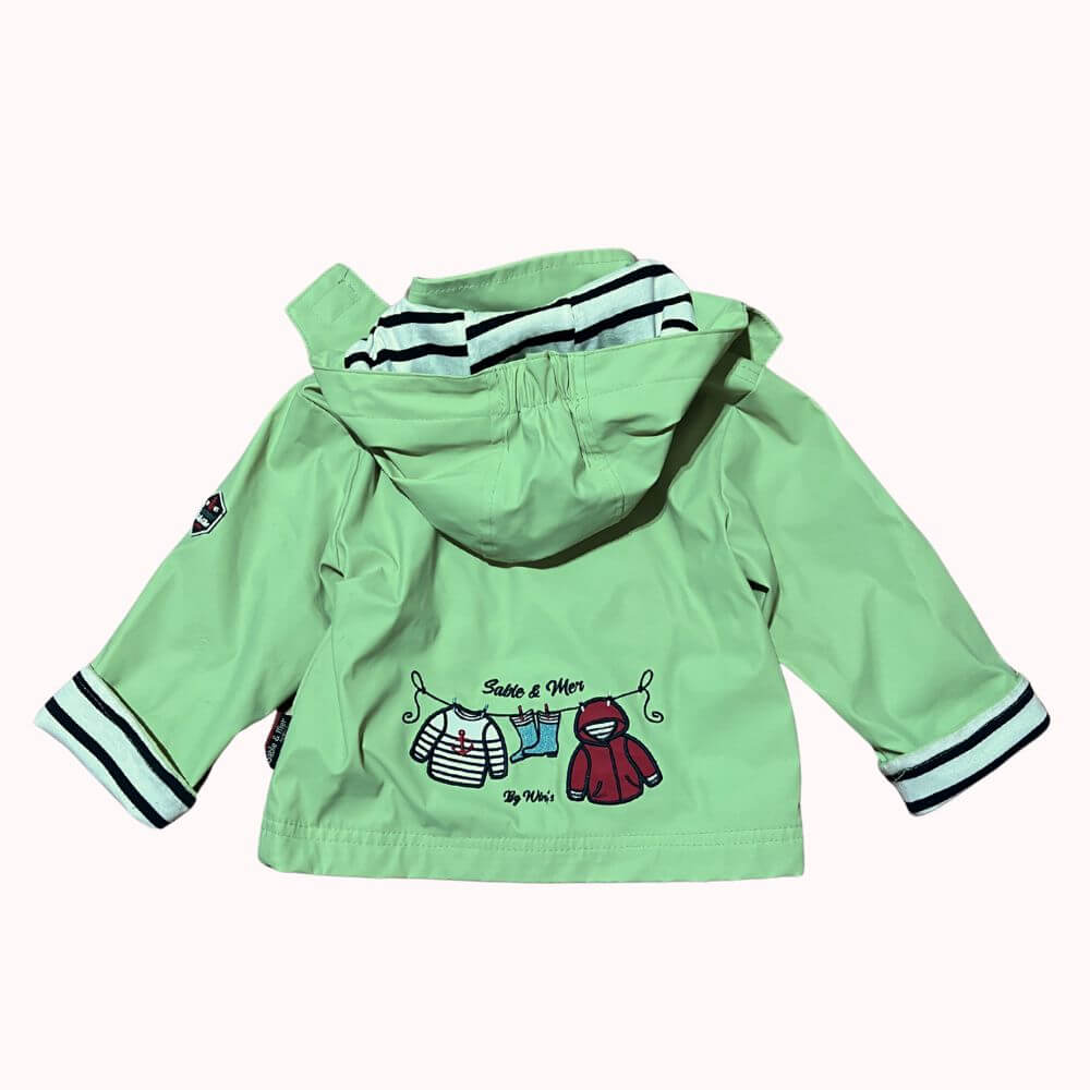Ciré vert à capuche Sable &amp; Mer pour bébé de 12 mois avec motifs au dos, manteau imperméable de seconde main.