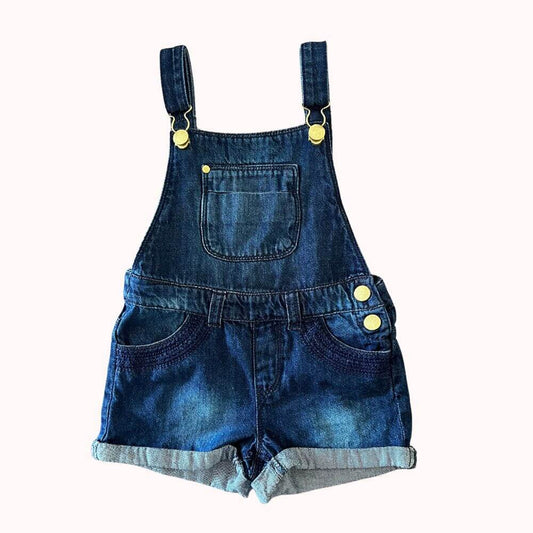 Salopette courte en jean bleu foncé pour enfant, taille 5 ans, avec poches, boutons dorés et bretelles réglables.