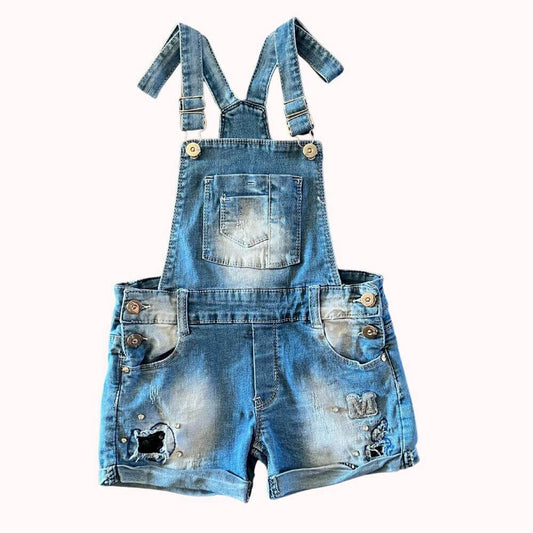 Salopette short en jean effet usé, bretelles ajustables, détails brodés, 10 ans.