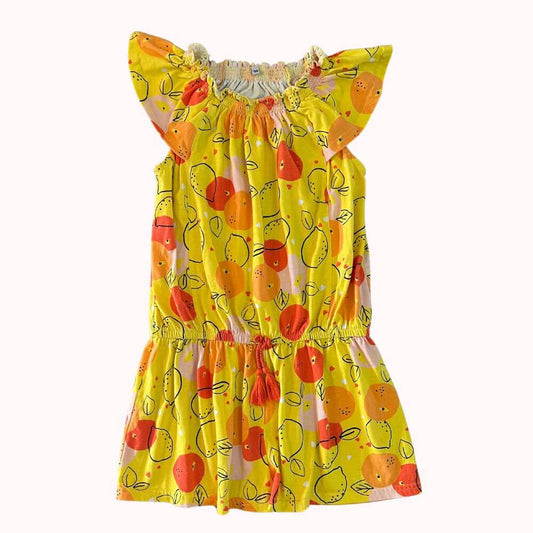 Combi-short jaune à motifs de fruits, 10 ans, manches volantées, taille élastiquée avec lien décoratif et tissu léger pour l’été.