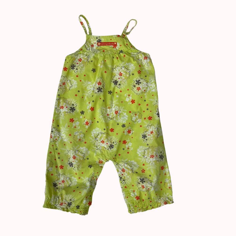  Combinaison été bébé fille La Compagnie des Petits, verte à imprimé fleuri, fines bretelles, jambes resserrées, 18 mois.
