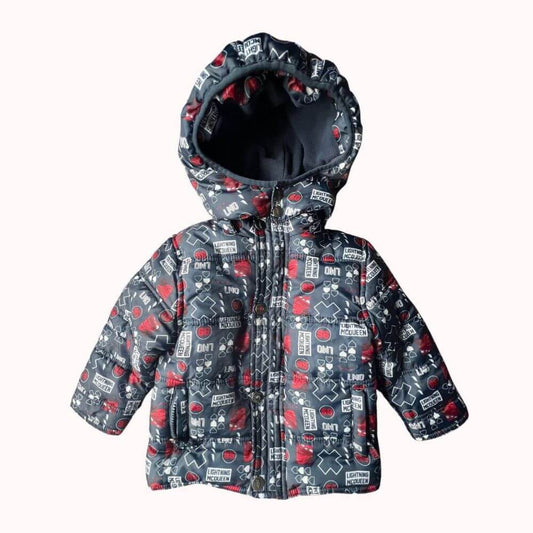 Doudoune bébé garçon à capuche, motifs Flash McQueen Disney, grise et rouge, taille 2 ans.