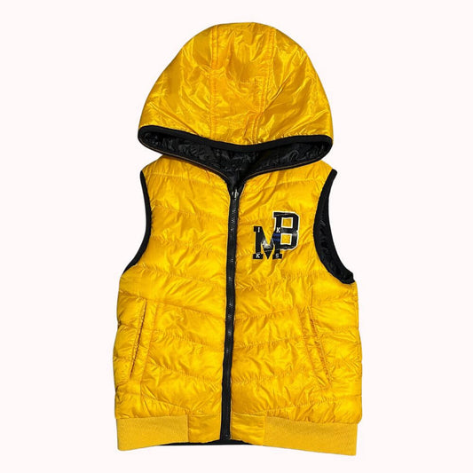 Doudoune sans manches enfant IKKS réversiblebleue marine et jaune, avec capuche, taille 8 ans.