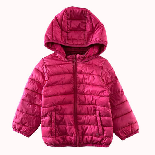 Doudoune rose à capuche Obaïbi pour bébé fille de 23 mois, vêtement de seconde main matelassé et chaud.