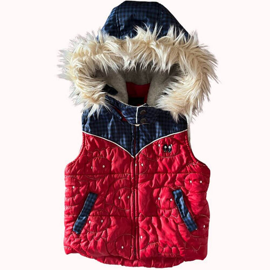  Doudoune sans manches rouge pour enfant, avec capuche à fausse fourrure, marque Allo &amp; Lugh, taille 3 ans.