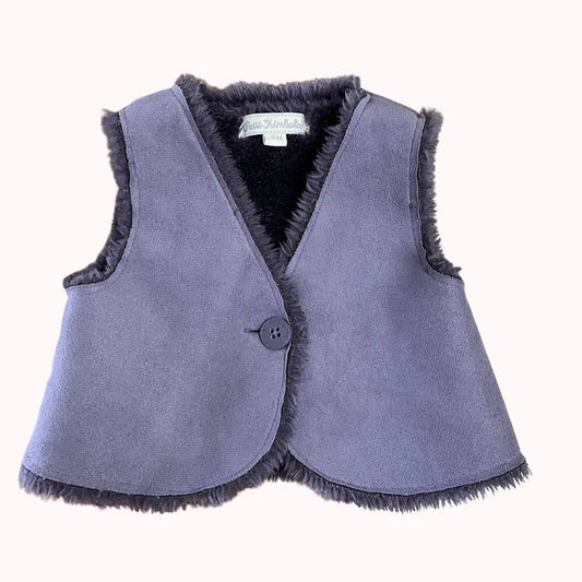 gilet bébé mauve sans manches doublé fourrure synthétique, fermeture par bouton, taille 3 mois