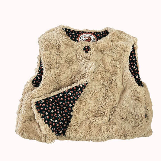 gilet enfant Sergent Major sans manches en fausse fourrure beige avec doublure fleurie, taille 2 ans.