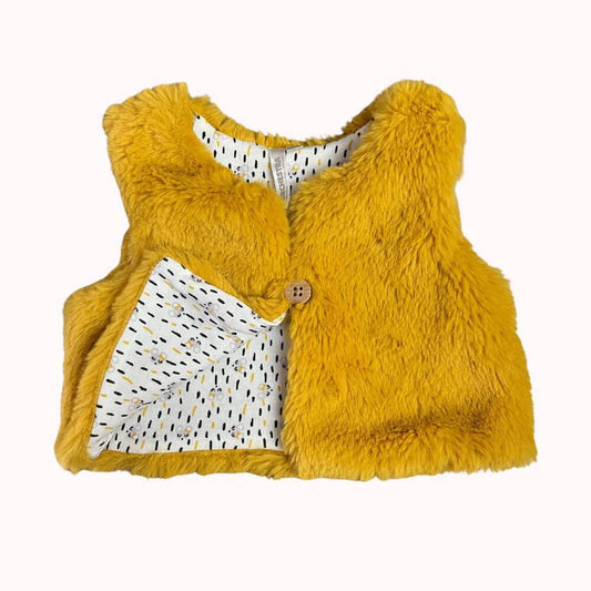  gilet bébé Orchestra sans manches en fausse fourrure ocre jaune avec doublure imprimée, taille 0/3 mois.
