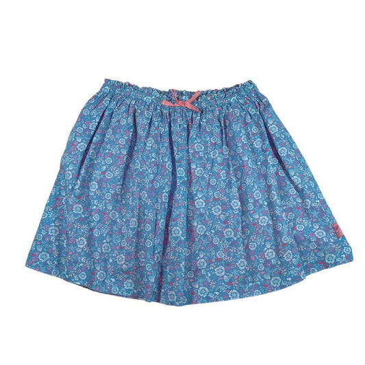 Jupe bleue à fleurs blanches et roses, noeud rose assorti à la taille, taille élastique