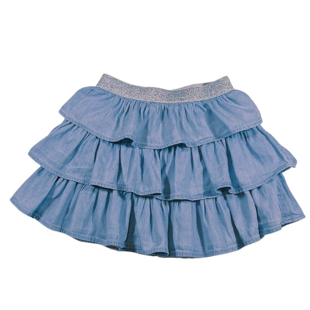 Jupe bleue ciel à volants . Élastique gris pailleté large à la taille