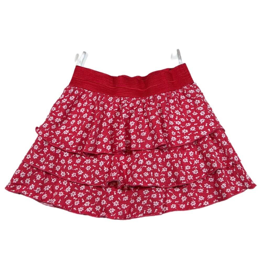Jupe à volants rouge et petites fleurs blanches , joli élastique rouge à la taille