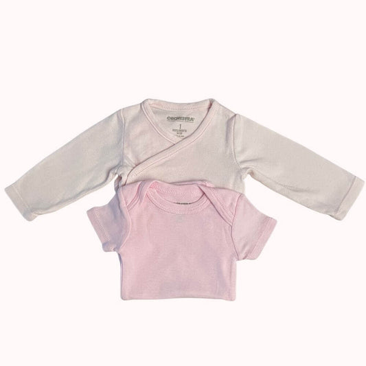 Lot de 2 bodies roses Orchestra 1 mois, un manches courtes et un manches longues cache-cœur, vêtements bébé seconde main