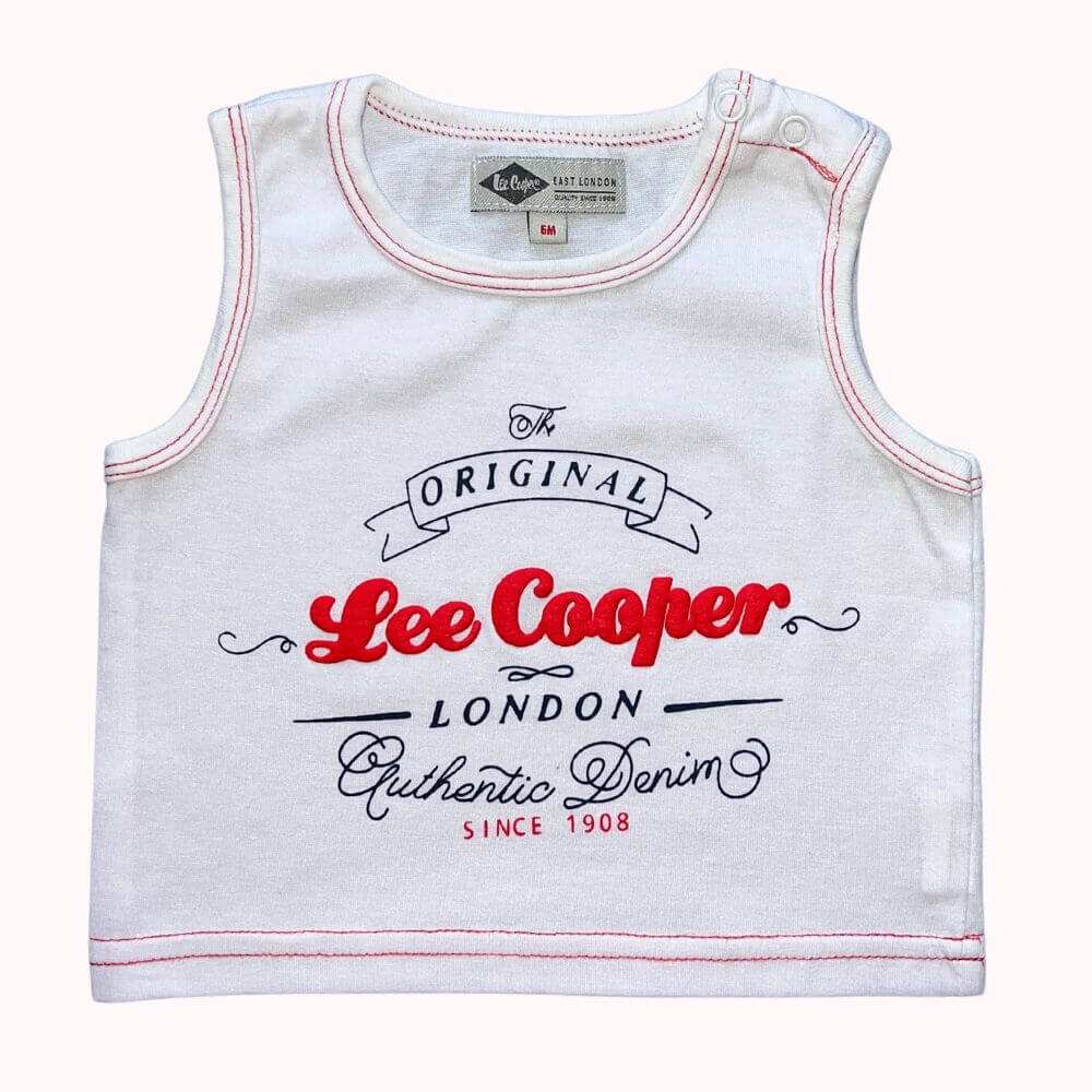 Débardeur bébé Lee Cooper blanc avec imprimé logo London, sans manches, taille 6 mois.
