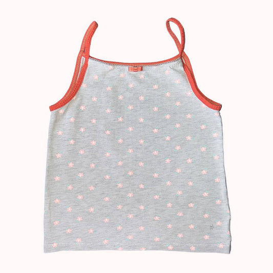  Maillot de corps Okaïdi 5 ans à fines bretelles, motifs de fleurs roses et bordures corail.