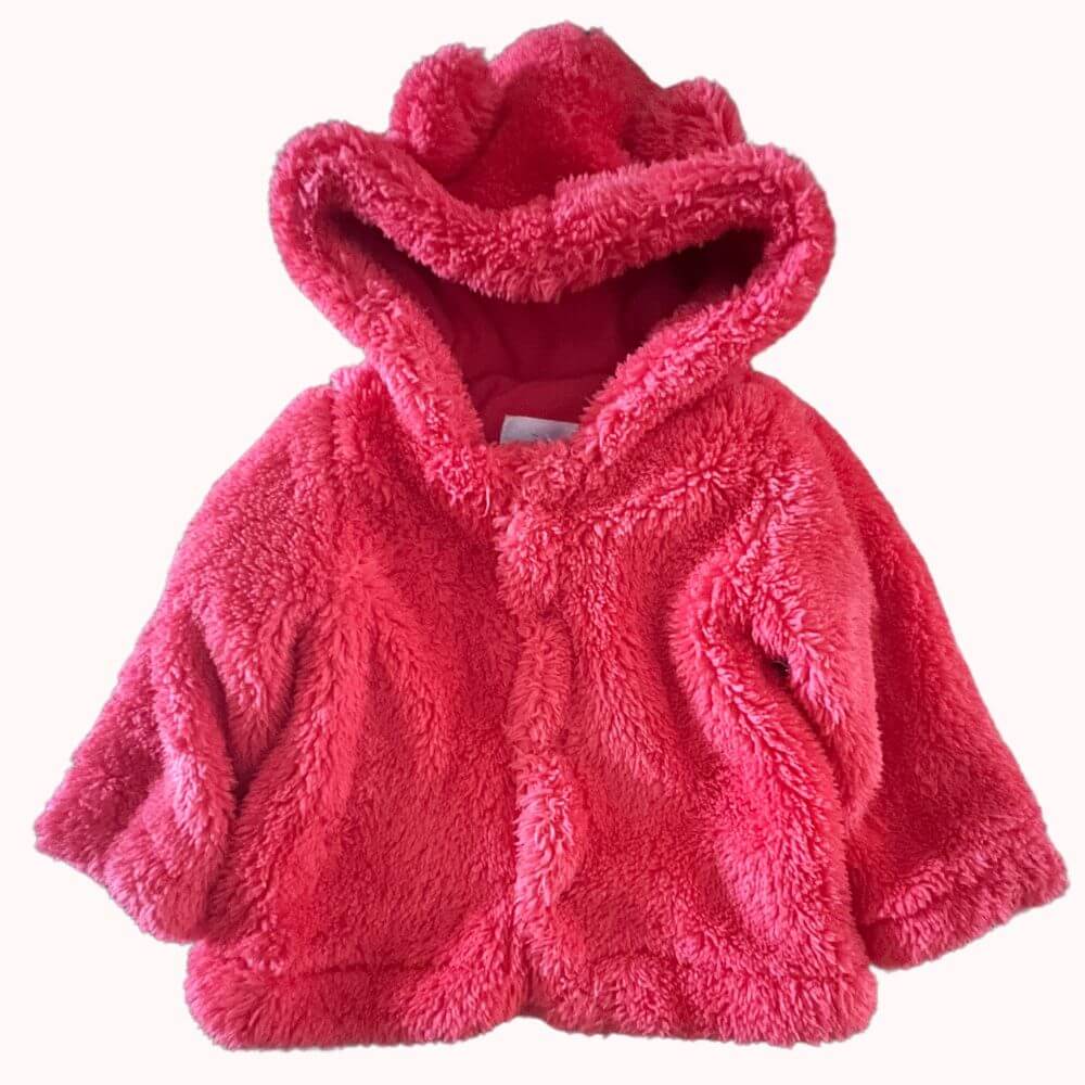 manteau peluche rose à capuche doublé polaire, marque Kimbaloo, taille 3 mois.