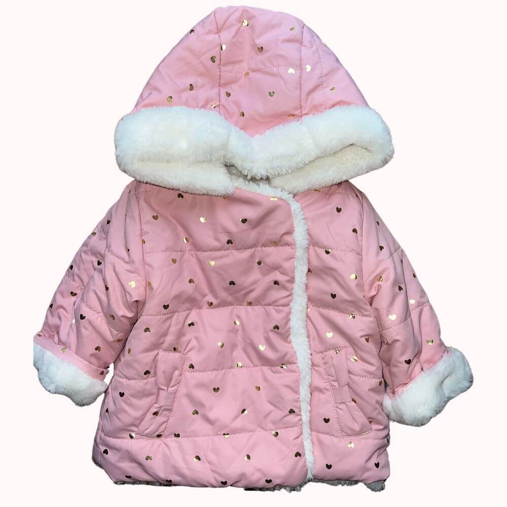 : manteau bébé réversible DPAM rose à motifs cœurs et blanc fourrure, taille 6 mois.