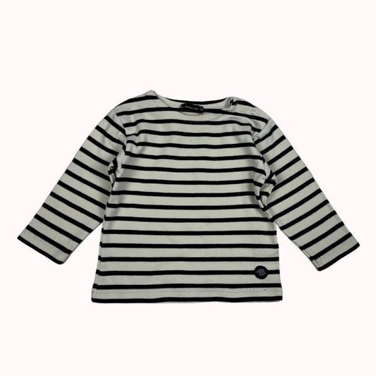 Marinière écrue Armor, manches longues, rayures bleu marine, encolure boutonnée sur l’épaule, coton épais confortable.