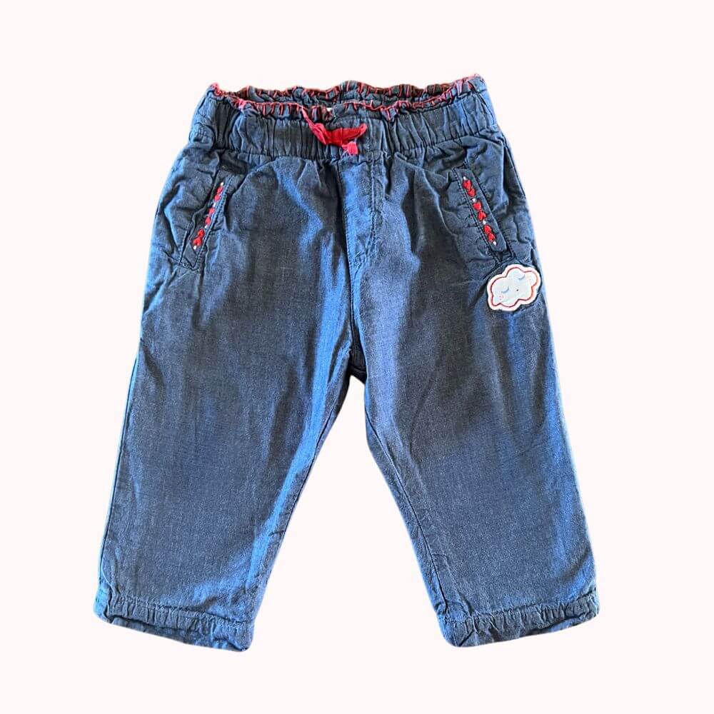  Pantalon bleu bébé DPAM, denim léger, taille élastiquée, détails brodés, 12 mois.