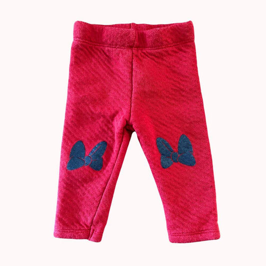 Pantalon bébé rouge en coton épais avec deux nœuds papillons bleu marine au niveau des genoux, taille 3 mois, marque Orchestra.