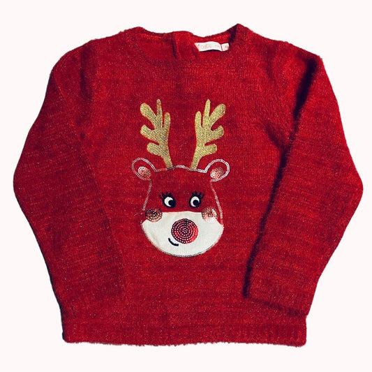 PULL ROUGE DE NOEL "MOTIF RENNE" -GEMO- 4 ANS