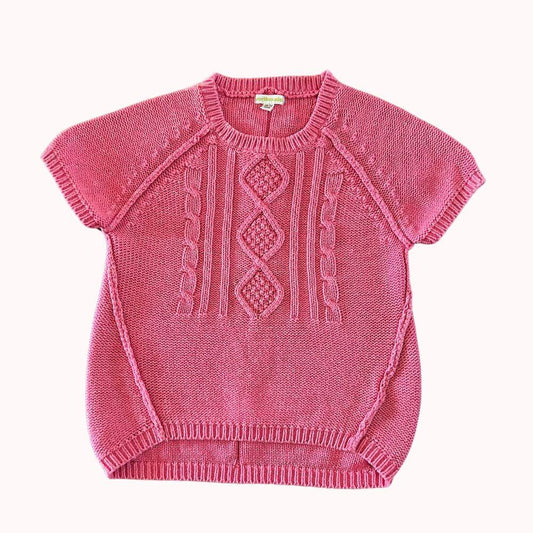 Pull en coton rose légèrement pailleté, manches courtes, tricot torsadé, 8 ans.