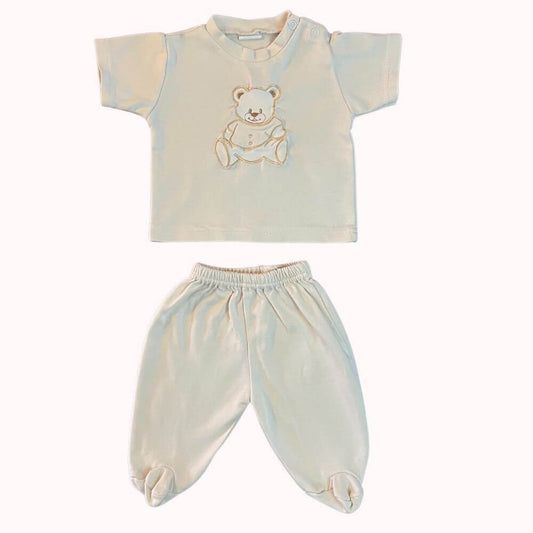 Pyjama bébé deux pièces écru, haut à manches courtes avec motif ourson brodé, pantalon à pieds, marque Fruit de la Passion, taille 3 mois.