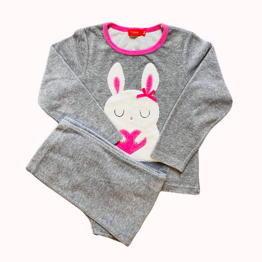PYJAMA GRIS MOTIF LAPIN COEUR ROSE - 4 ANS