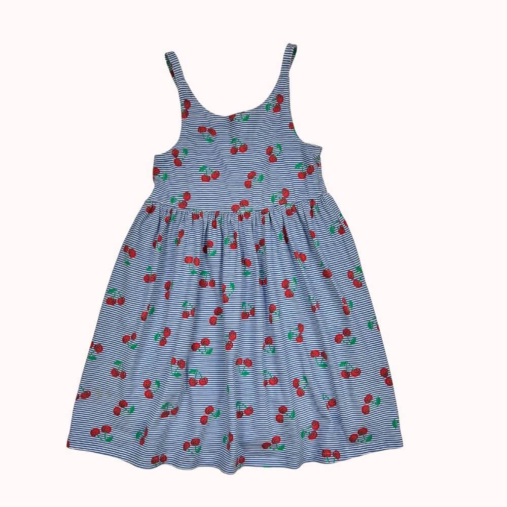 Robe d’été rayée bleu et blanc à motifs cerises, pour enfant 6 ans, avec bretelles et détail noué dans le dos, marque DPAM.
