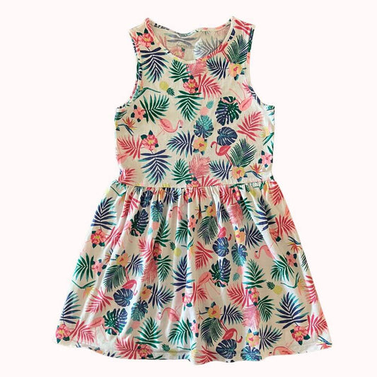  Robe sans manches fille à imprimé tropical coloré avec flamants roses et feuillage, marque Inextenso, taille 8 ans, hauteur 63 cm.