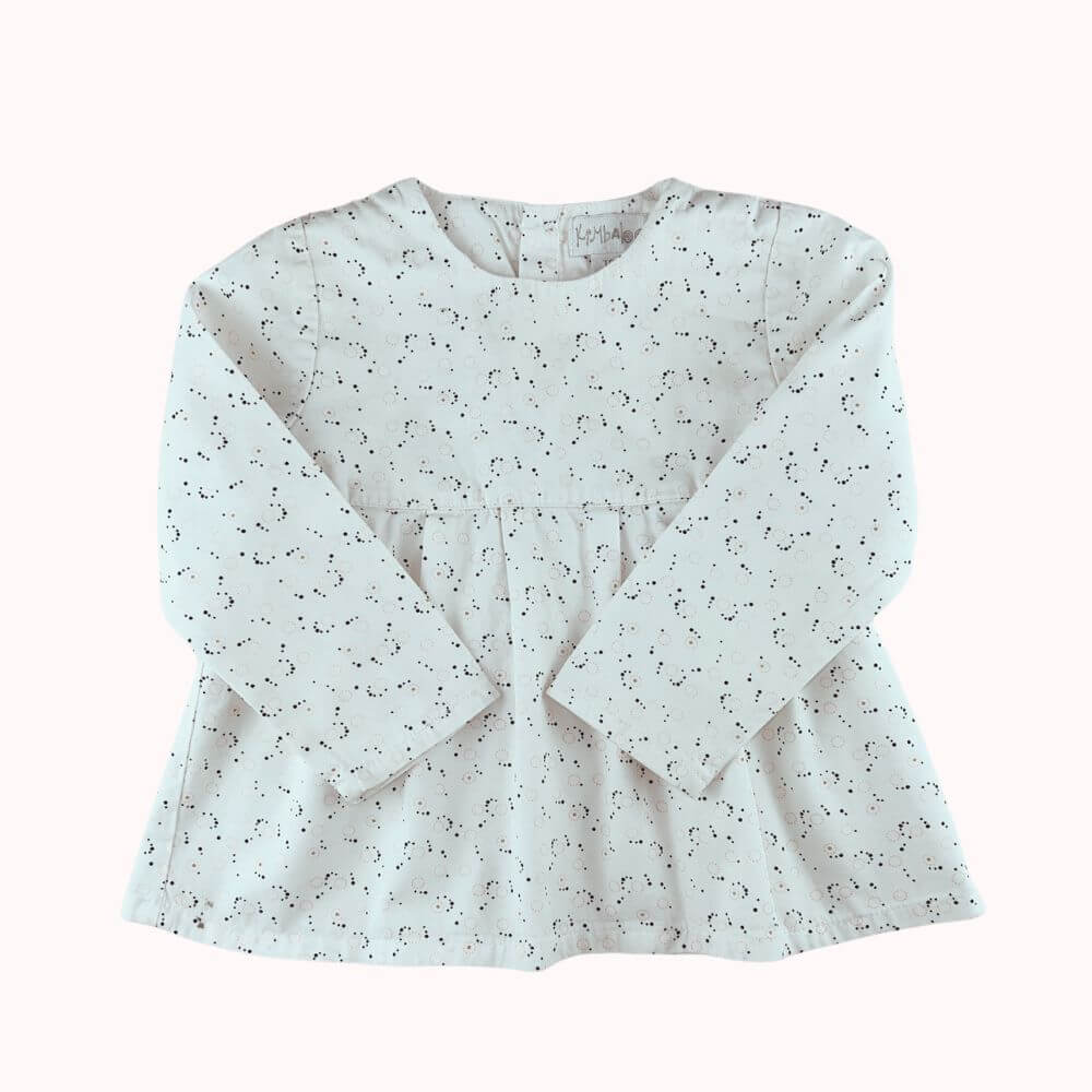 Robe blanche Kimbaloo, manches longues, imprimé délicat, taille 18 mois.