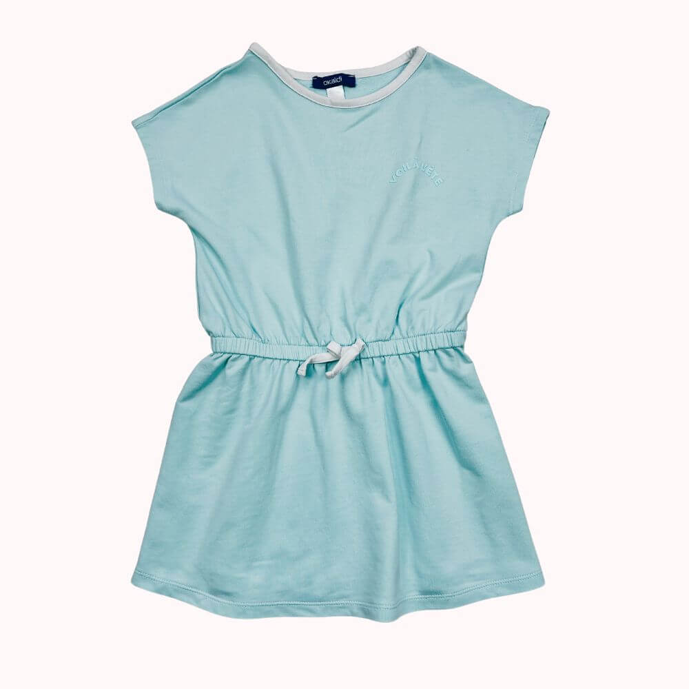 Robe bleu ciel pour enfant 4 ans, en coton avec taille élastiquée et cordon, marque Okaïdi.