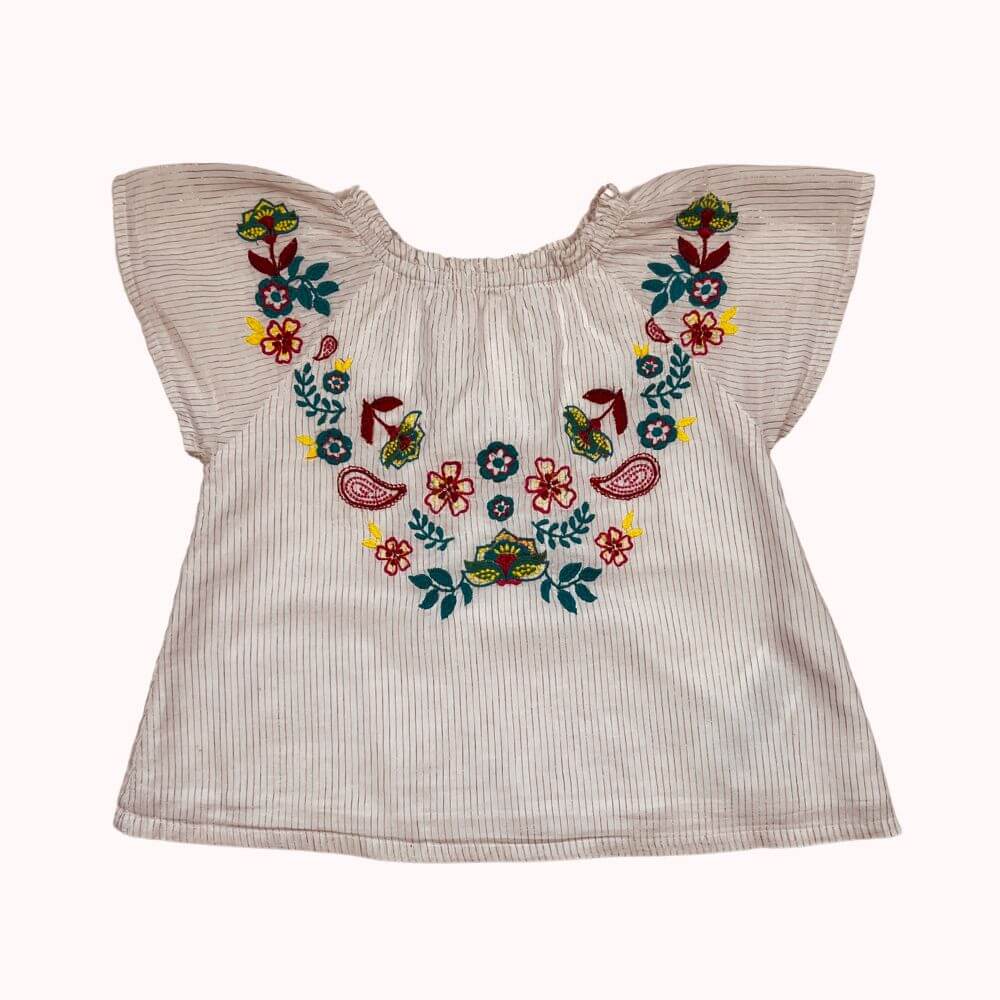  Blouse brodée DPAM 4 ans, légère et fluide, avec rayures discrètes et broderies colorées d’inspiration bohème.